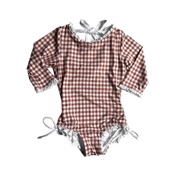 New Wildling 3/4 Sleeve One Piece Rooibos Tea Gingham Swimsuit